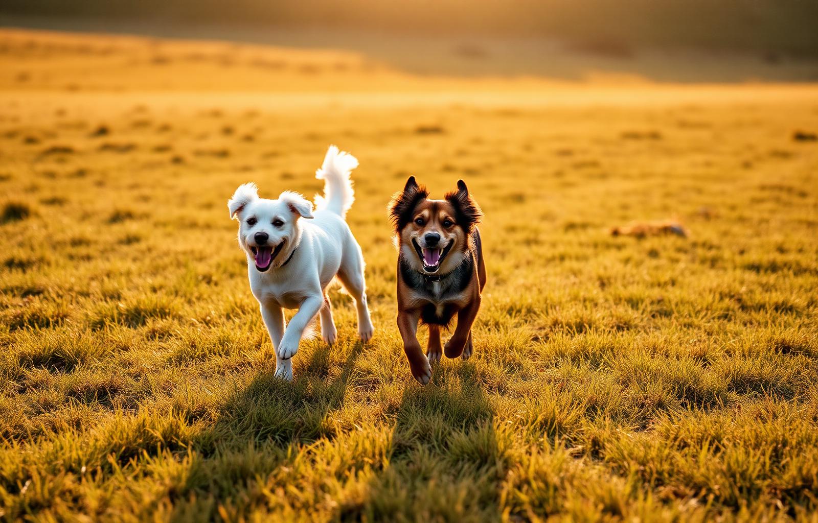 Two dogs running joyfully across a sunlit field